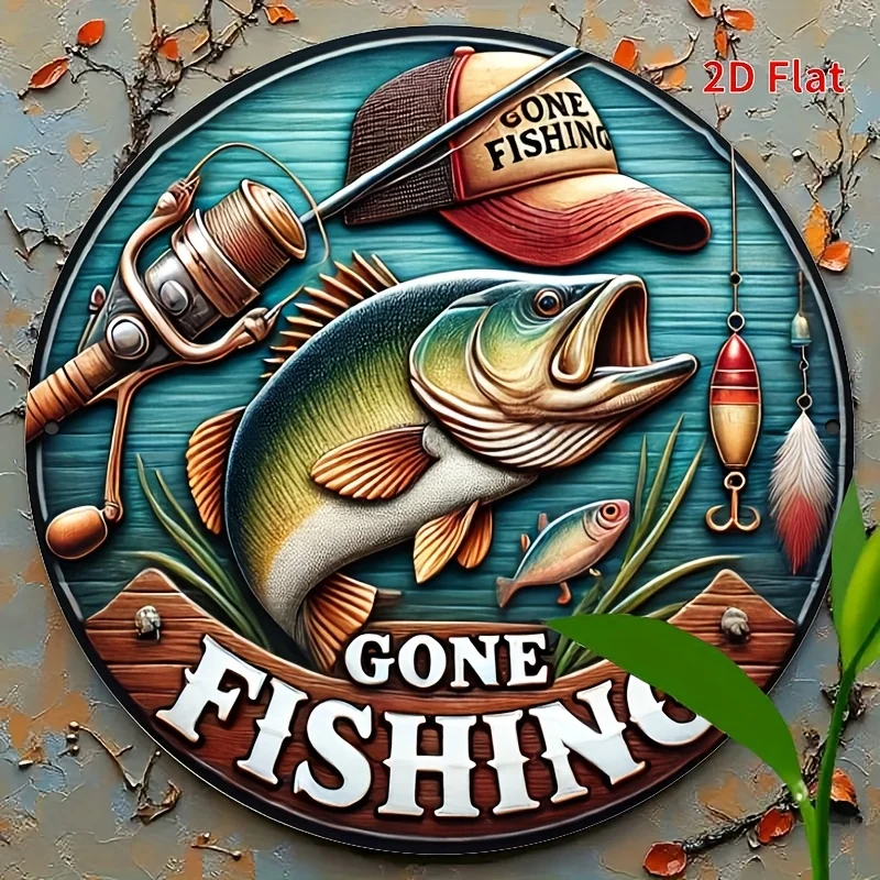 مسطح ثنائي الأبعاد، قطعة واحدة، علامة صيد السمك، علامة ترحيب لعشاق الصيد، (8 بوصة 8 بوصة) لتزيين الصيد، طباعة ثنائية الأبعاد، علامة مستديرة، مناسبة لـ #1