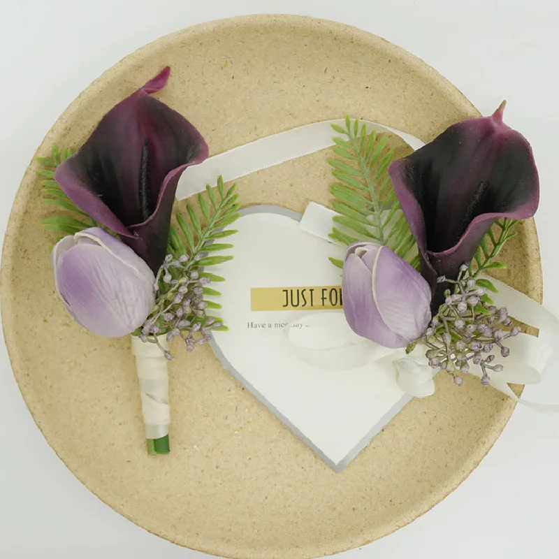 Boutonnière et Corsage de Poignet pour Mariage, Bouquet de Simulation Florale, Maison, Commerciale, Mariée, Violet, 609