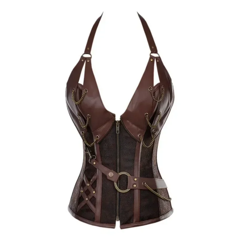 Ropa Medieval Steampunk para mujer, Disfraz de pirata, corsé de caballero gótico, chaleco Halter de cuero para Halloween