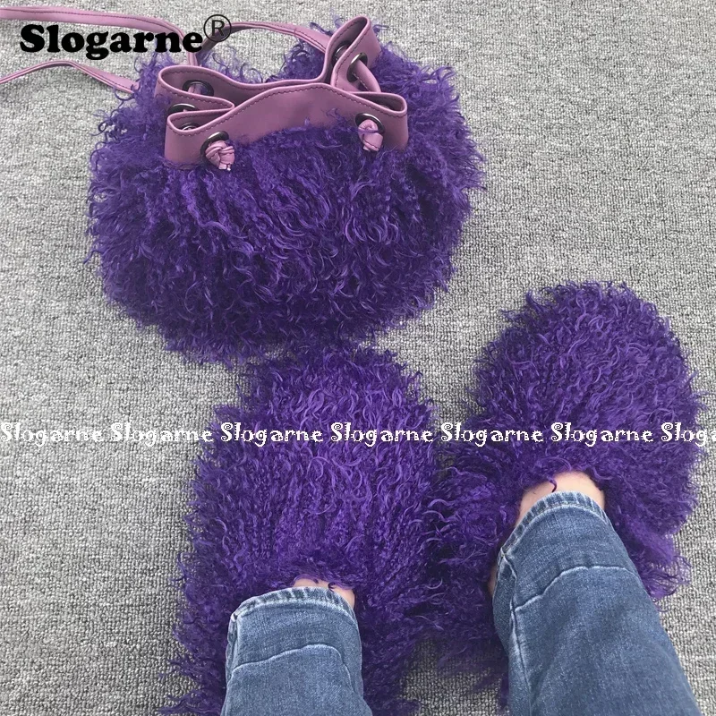 Women\'s Fashion Sets Fur Slippers Fur Handbags Woman Luxury Faux Fur Set Slides Furry Bag Purse Wallet Indoor Shoes Plus Size 49