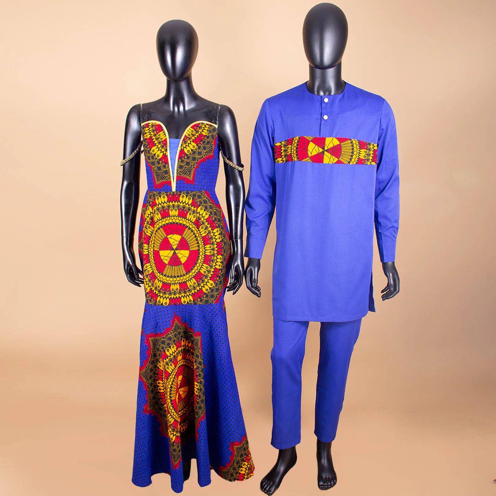 African Couples Clothes Dashiki Sexy Women Print Long Dresses Matching Men 2 Pieces Patchwork Shirt and Pants Sets Y22C067