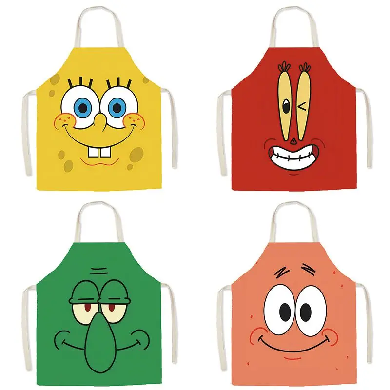 SpongeBob Printed Apron Waterproof Anti Oil Kitchen Bib Adjustable Strap Apron for Parent-child Home Cooking and House Cleaning