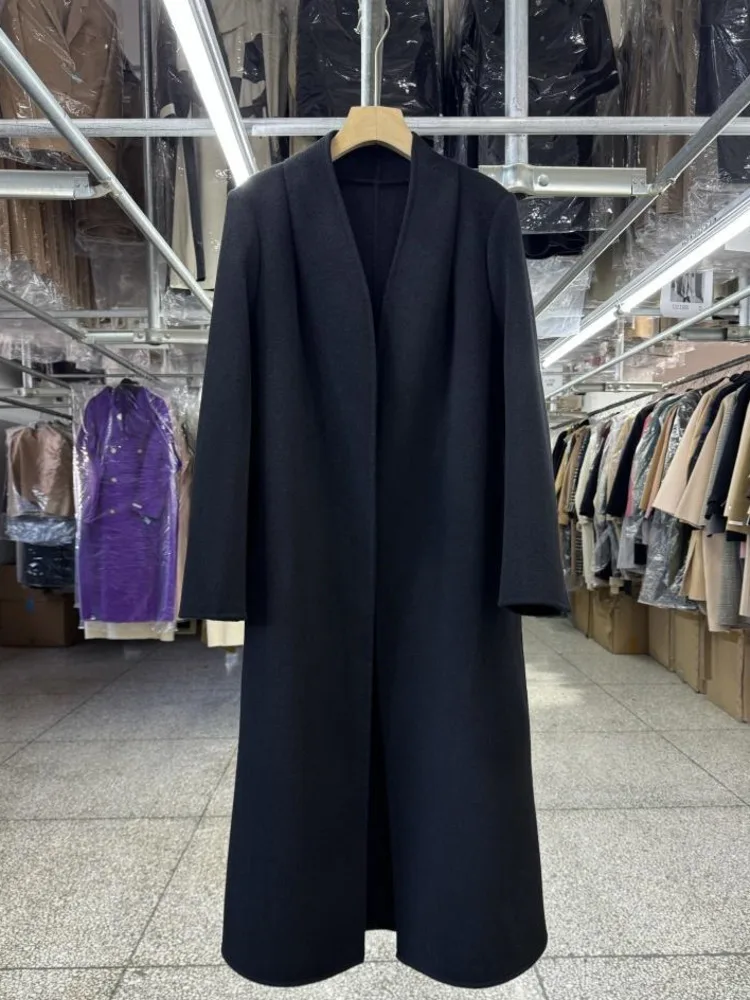 معطف نسائي من قماش الكشمير باللون الأسود على الوجهين من DFDG مع ياقة كتف مستقيمة طويلة 2025 معطف صوفي جديد ضيق برباط في مكان العمل #2
