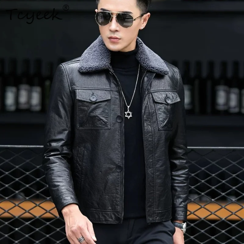 Tcyeek Real Leather Man Jackets White Duck Down Liner Detachable Winter Clothes 100% Cowhide Coat Men Lamb Wool Collar Trendy