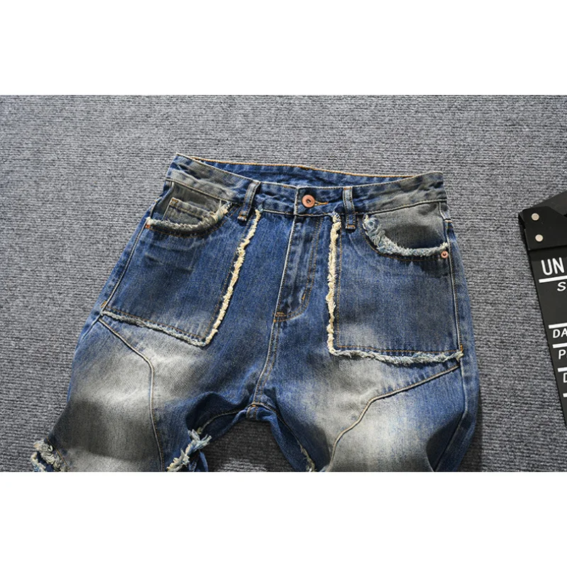 

Модный дизайн, комбинированные джинсы с бахромой для мужчин, потертые в стиле ретро, свободные прямые брюки из высококачественного денима