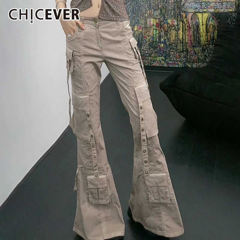 

CHICEVER Solid Hollow Out Cargo Pants For Women High Waist Spliced Pocket Streetwear Wide Leg Loose Designer Jeans Female Style