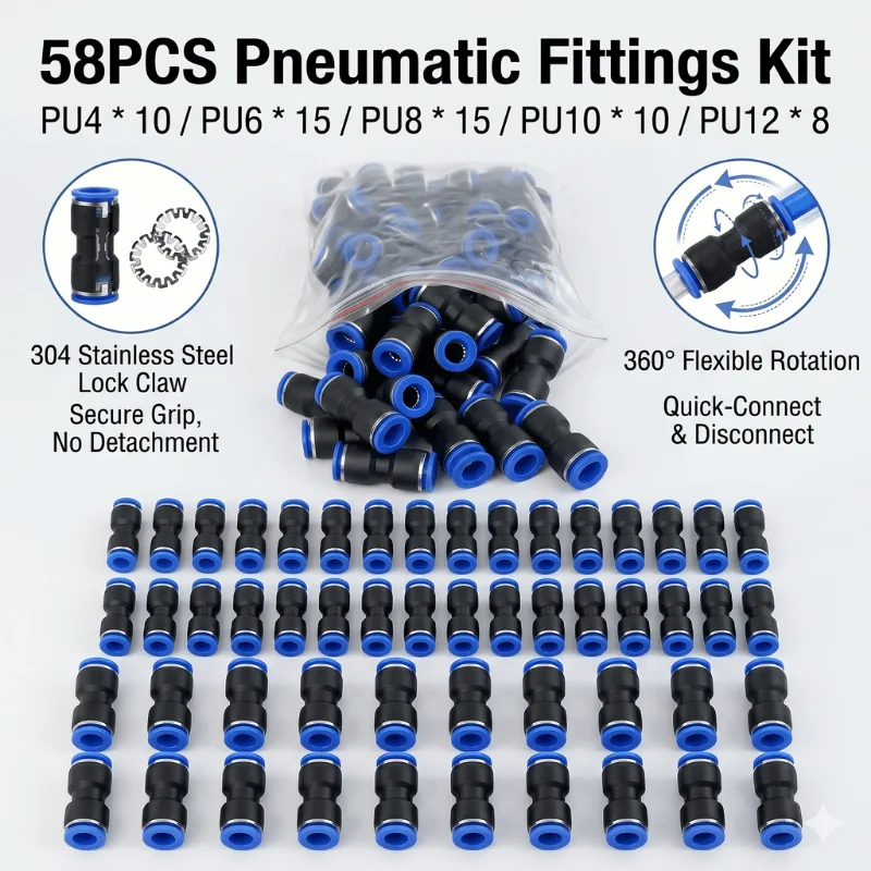 

58Pcs Pneumatic Quick Fittings Kit 4mm 6mm 8mm 10mm 12mm Push In Straight Joint Air Hose Tube Connector Assortment Coupler