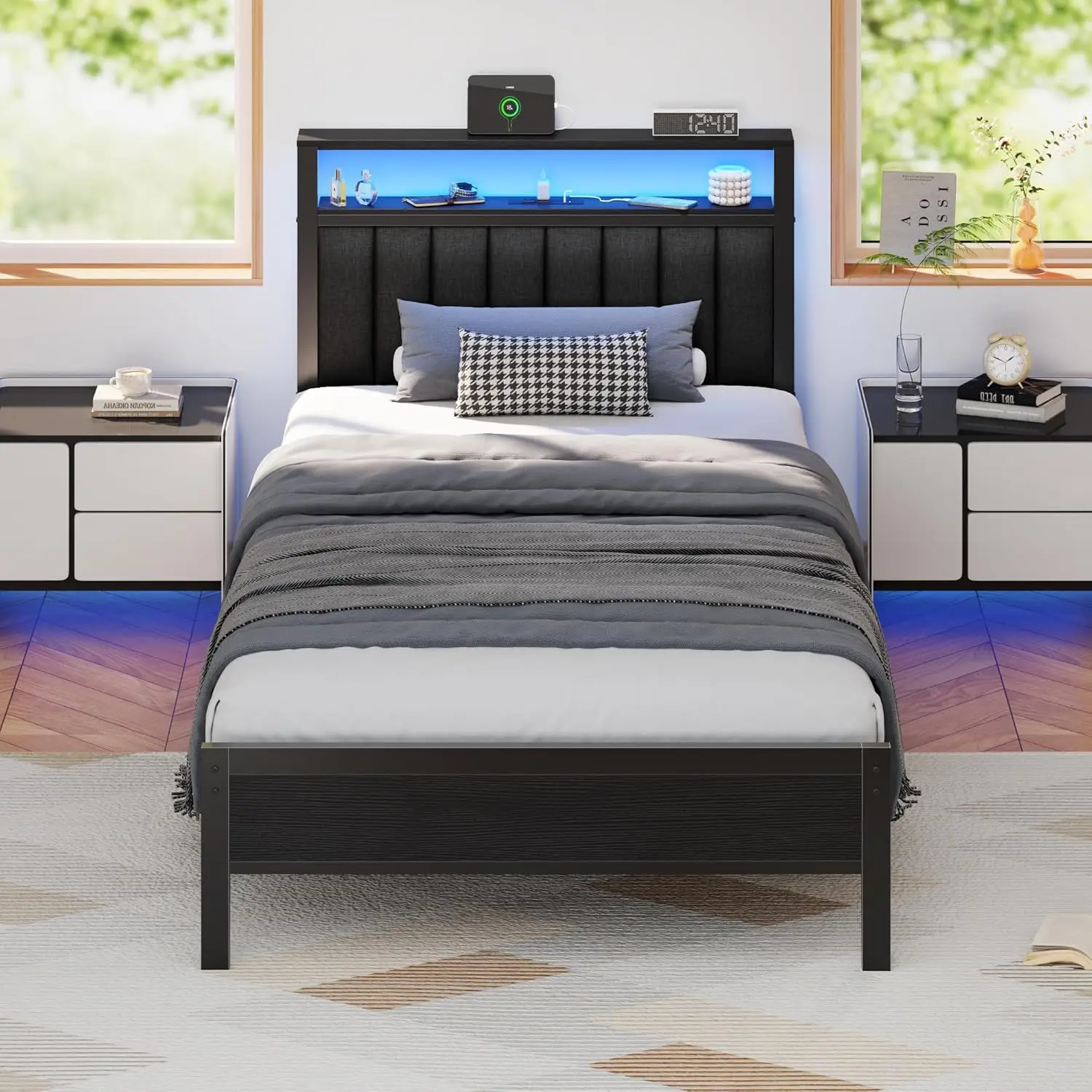 Bed Frame with Charging Station and LED Lights, Platform Bed with Metal Slats, Grey Upholstered Headboard, Customized