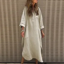 Casual Solid Cotton Loose Maxi Dress Autumn Spring Simple Blend Women Dress Long Sleeve Button Stand Collar Side Slit Long Dress