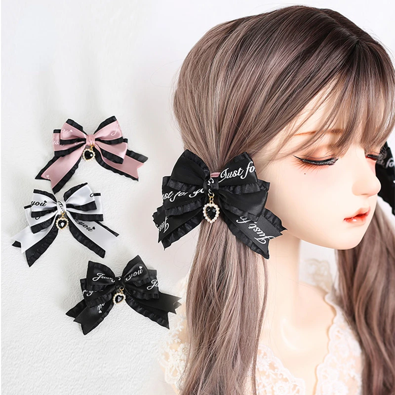 Original Japanese Jk Lolita Lace Handmade Barrettes Letters Ribbon Bowknot Hairclips Cute Headdress Cosplay Princess Headwear