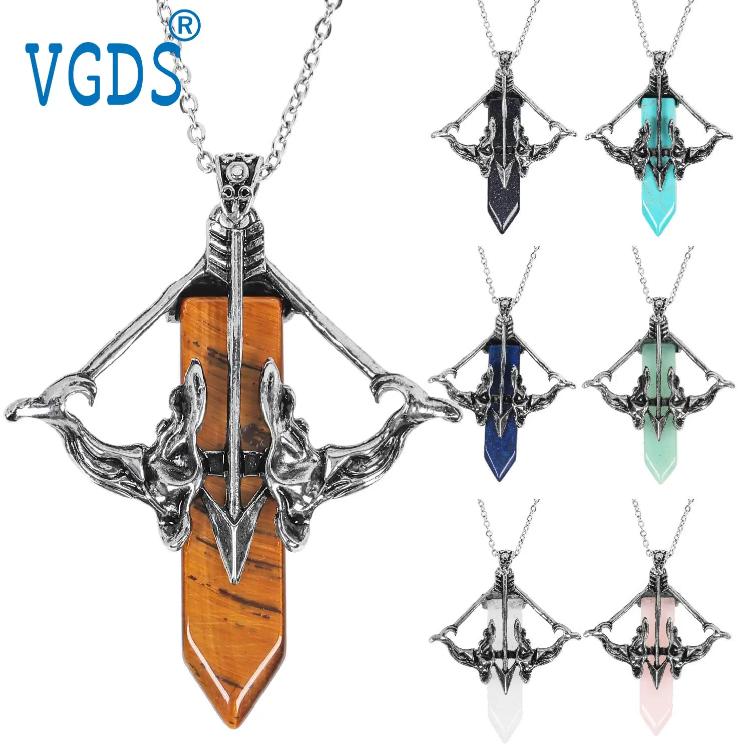 

VGDS Natural Crystal Quartz Amethyst Cupid Bow Arrow Pendants Gemstone Couples Charm Guarding Love Jewelry Necklaces for Women