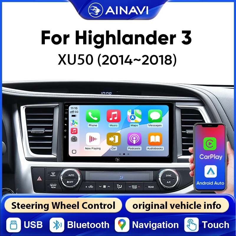 Radio para Auto AINAVI para Toyota Highlander XU50 2003-2020, 2Din, Bluetooth, Carplay Inalámbrico, Android Auto, Pantalla Carplay, Radio para Coche, Estéreo para Auto, Sistema de Audio para Auto, Pantalla para Auto, Sistema de Infoentretenimiento, BT, FM, USB, SWC, 10 Pulgadas