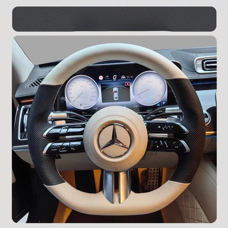 For Mercedes Benz AMG GT E63 EQE 43 53 SL43 SL55 C260 Hand Stitched black white Genuine Leather Car Steering Wheel Cover