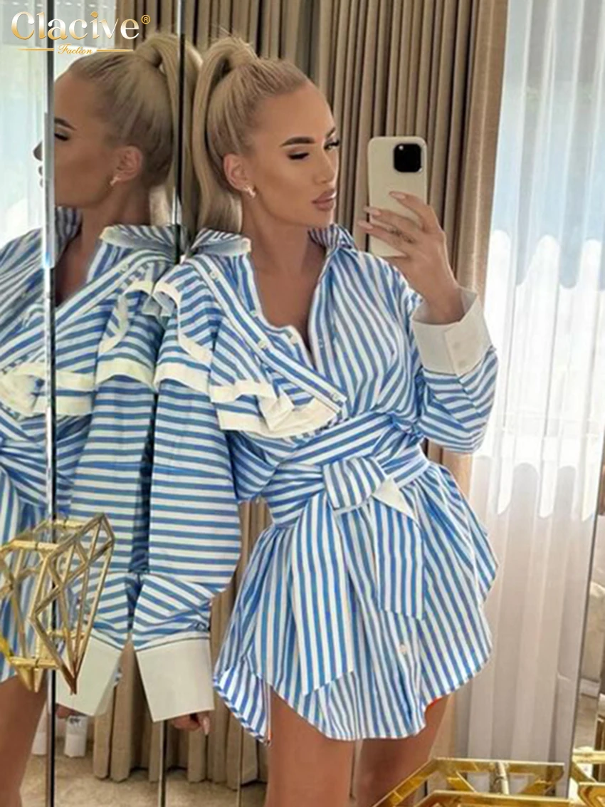 Clacive Fashion luźna niebieska sukienka damska w paski 2025 elegancka klapa z długim rękawem Mini sukienki Casual klasyczna sznurowana sukienka damska