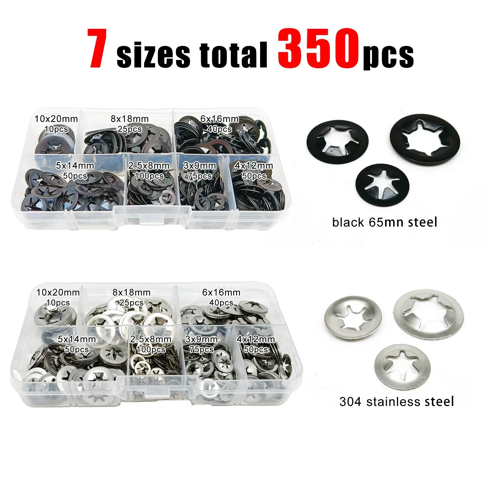 350pcs/box Mix M2.5-M10 External Circlip Self-Lock Retaining Clip Shaft Bearing Snap Ring Kit Set Black 65mn 304 Stainless Steel