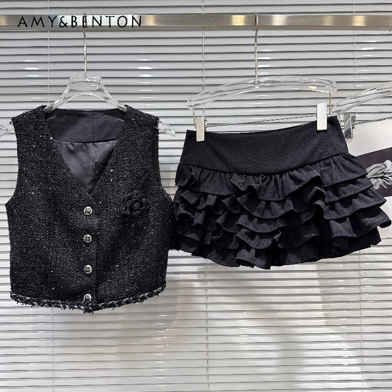 

Women's Short Skirts Set 2026 New Three-dimensional Flower Sleeveless V-neck Vest Sweet Cool Black Fluffy Cake Skirt Sets Ladies