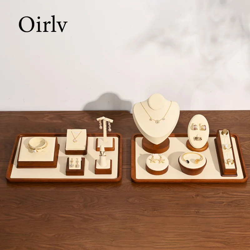 Oirlv Wooden Jewelry Display Stand Solid Wood Jewelry Rack Display Stand Ring Earring Bracelet Necklace Wooden Stand Holder Set