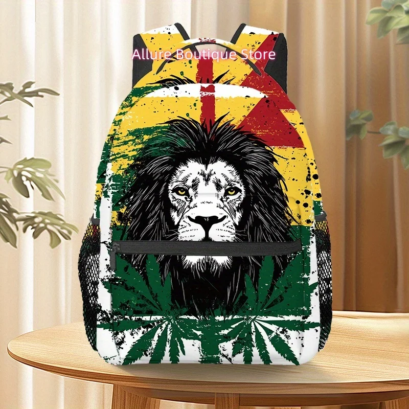 Ganja Rasta Lion Print Backpack - Lightweight Microfiber, Adjustable Straps, Zip Closure, Ideal for Hiking, Camping, and Casual