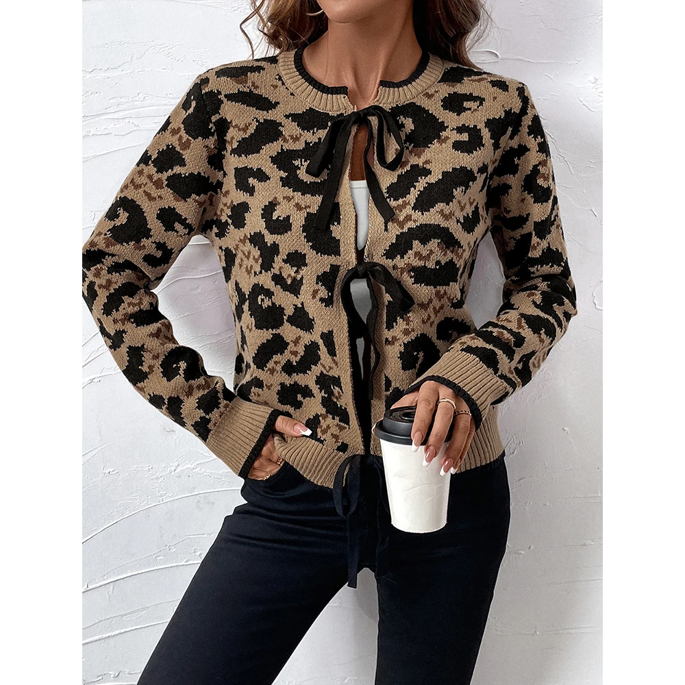 Mia Muse Suéter feminino outono moda elegante frenum leopardo manga comprida gola redonda suéter streetwear