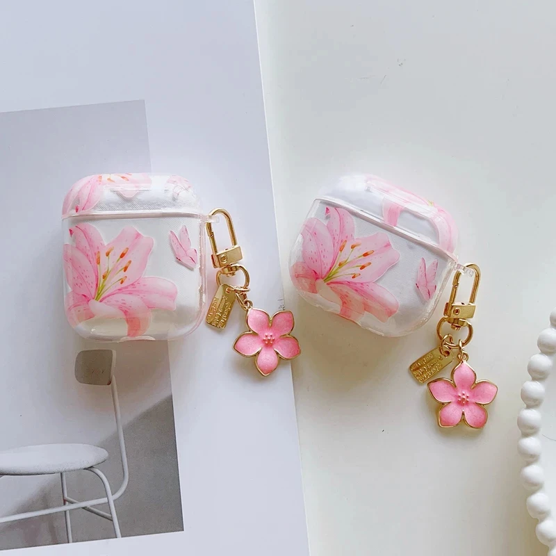 Capas de fone de ouvido com flores de lírio rosa fofas para AirPods Pro3, capa protetora macia para AirPods 1/2/3/4 Pro 2 com chaveiro