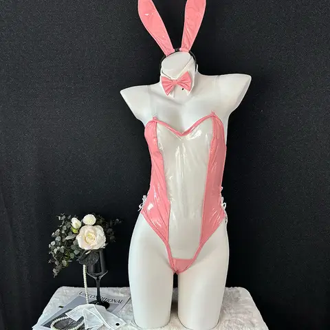 Anime Bunny Girl Cosplay Costume Rabbit Maid Uniform Outfits Sexy Pink Transparent  Bra Leather Bodysuit Role Play Lingerie