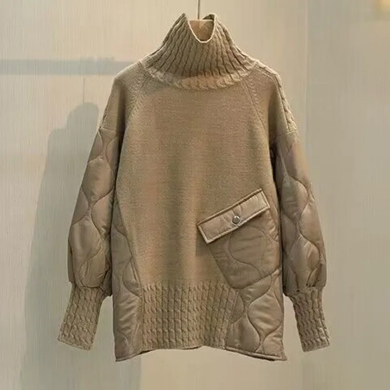 Fashion Mid Length Autumn Winter New Korean Version Unique Stitching Cotton-padded Pullover Jumper Loose Women Sweater Tops