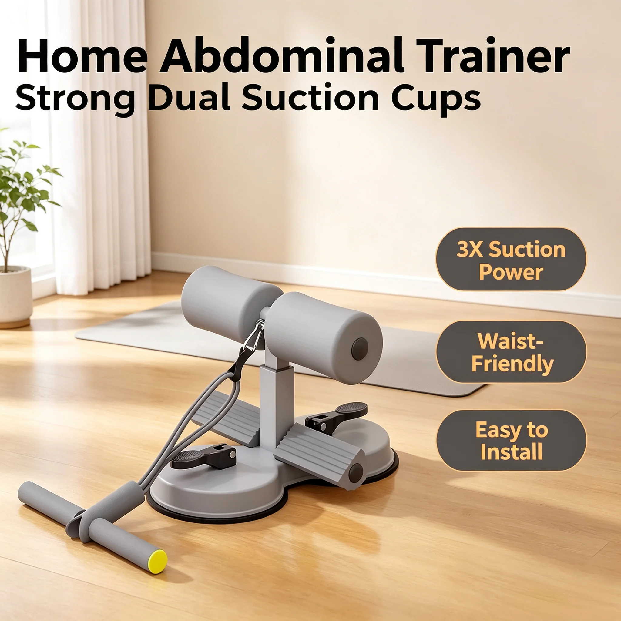 Home Sit-Up Assistant with Double Suction Cups, Adjustable Abdominal Workout, Waist Protection Fitness Trainer for All Ages