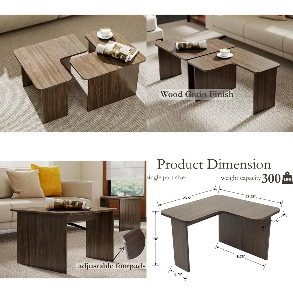 

Modern L-Shaped Nesting Coffee Table Set, 2-Piece Modular Rectangular Walnut Wood for Living Room