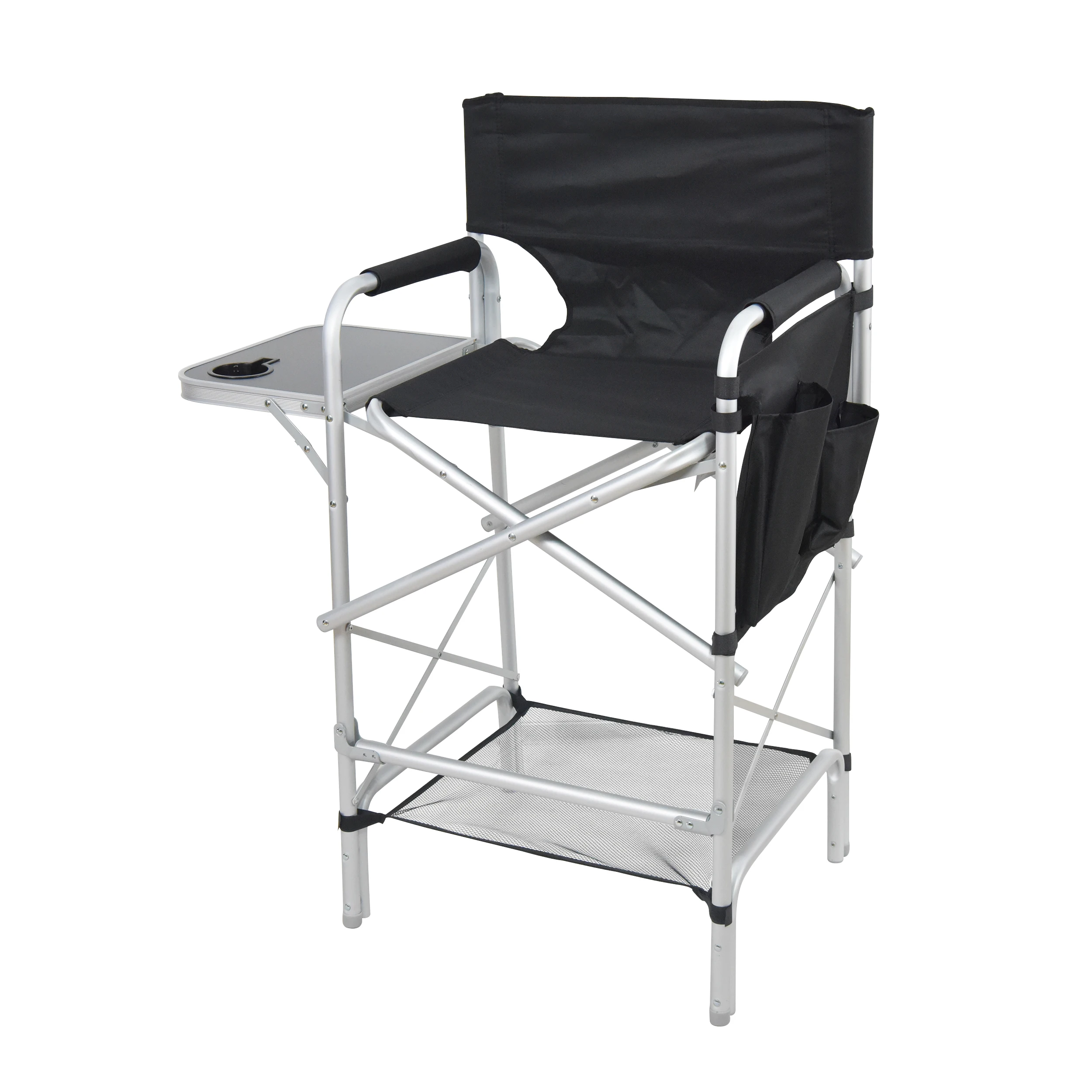 Custom Makeup Artist Camping Folding Portable Tall Polyester Aluminum Director Chair with Side Table and Pocket