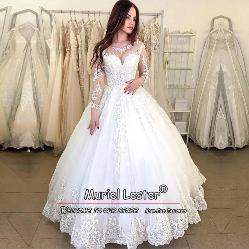 

Romantic A Line Wedding Dresses White Applique Long Sleeves Bridal Gowns Bespoke Women Formal Prom Party Clothing Robe De Mariee