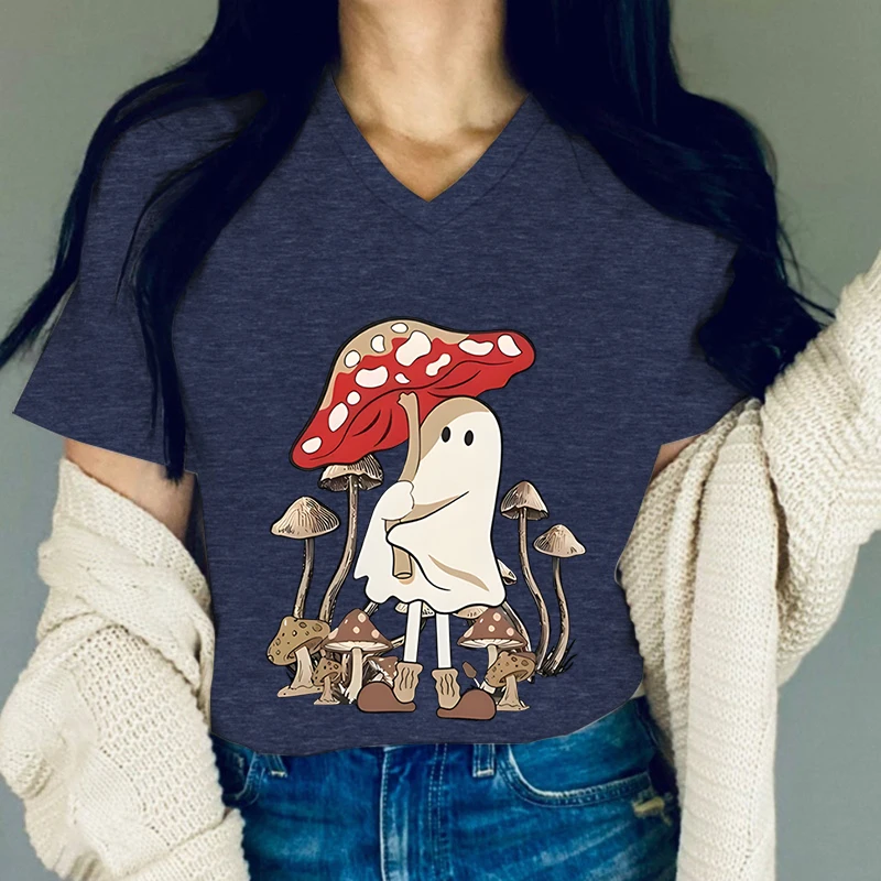 Cute Ghost Mushroom Graphic T Shirts Women Cute Ghost Fashion Essential Short Sleeve T-shirt Funny Mushroom Print Summer T-shirt