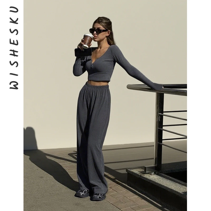 

Two Piece Set Women Tracksuits Sexy V Neck Low Cut Long Sleeve Crop Top+High Waist Joggers Pants Outfits 2025 Summer Fall Suits