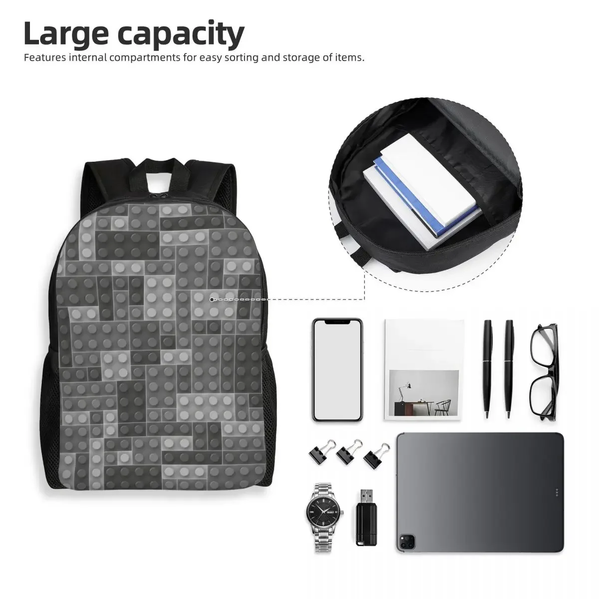Custom Grey Plastic Toy Block Abstract Pattern Backpacks for Men Women College School Students Bookbag Fits 15 Inch Laptop Bags