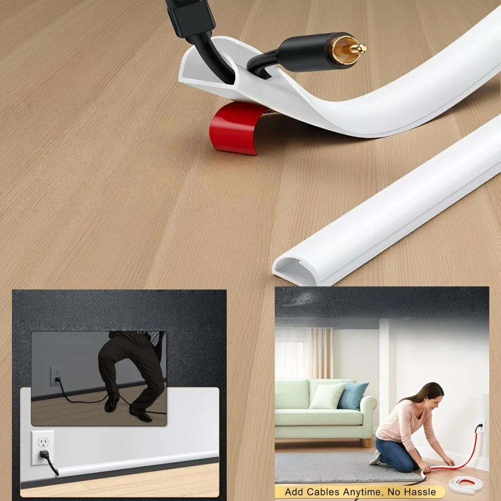 1Roll Self-Adhesive PVC Cable Management Tube, Invisible Floor Wire Cover for Desk, Wall & Floor Installation, Home Decor Cable