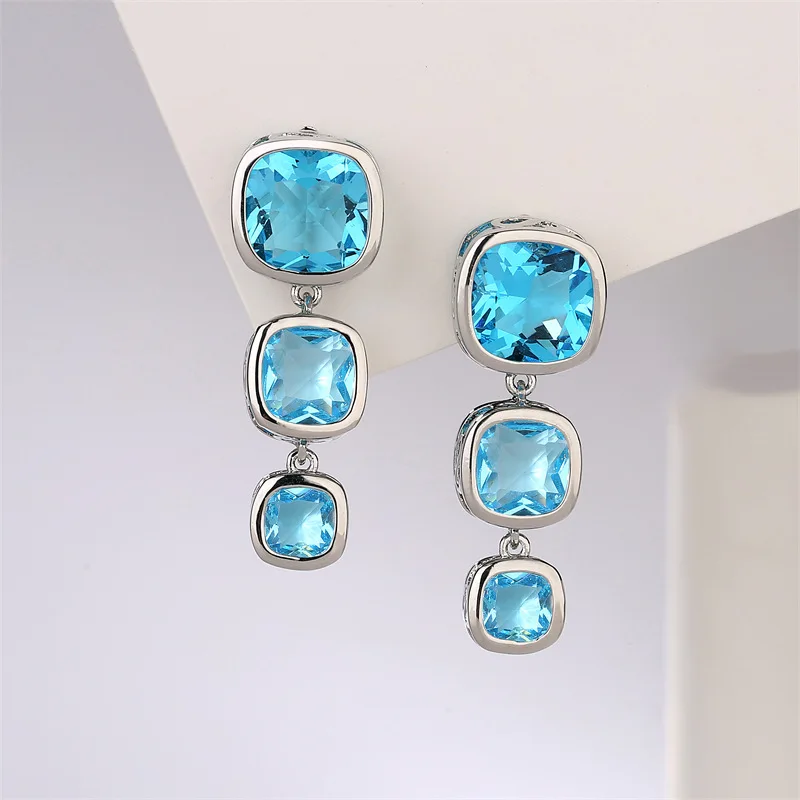 UILZ Stylish Blue Geometric Earrings For Women Glaring Cubic Zircon Earring Anniversary Wedding Party Jewelry