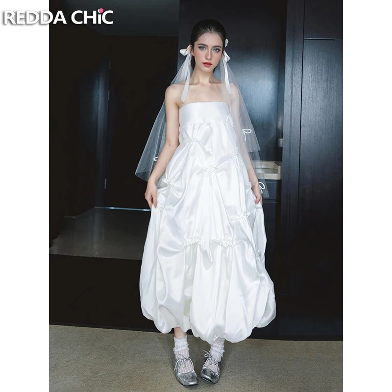 

REDDACHiC Women Summer Wedding Guest Ruched Tube Dress Satin Removable Bow Boned Corset Ruched Long Dress Evening Party Gown