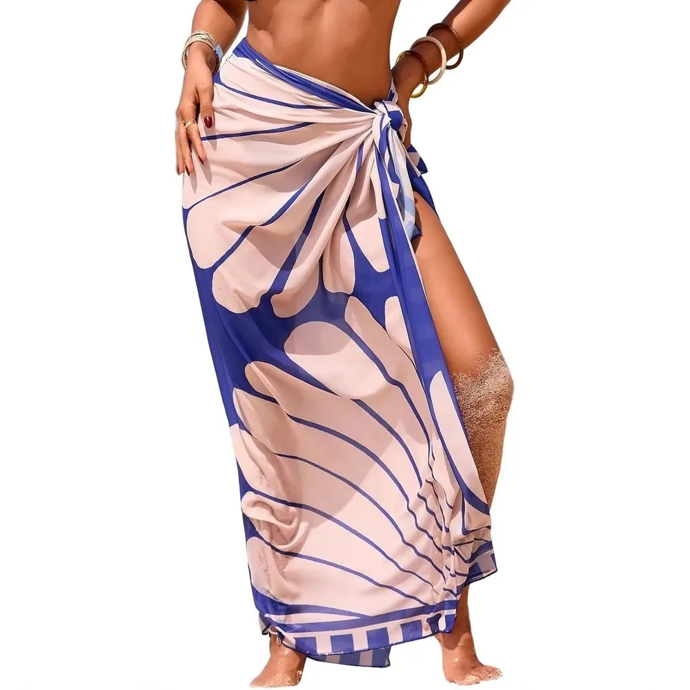 Women's Sheer Sarong High Slit One Size Swimwear Cover-Up Summer Floral Print Chiffon Beach Bikini Wrap Tankini Swimsuits Women