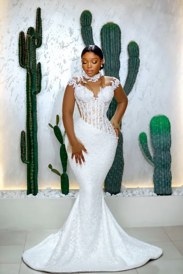 Illusion Long Sleeve Mermaid African Wedding Dresses Tan Neck Outdoor Garden Bride Reception Second Gown Garment Customized