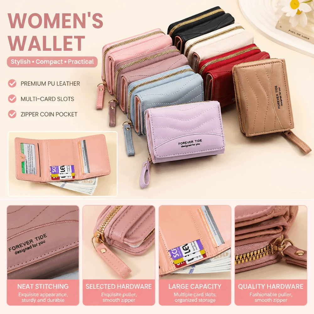 Portable Multicolor Money Bag Zipper Clouse Simple Embroidery Card Bag Waterproof 3 Fold Coin Purse for Ladies