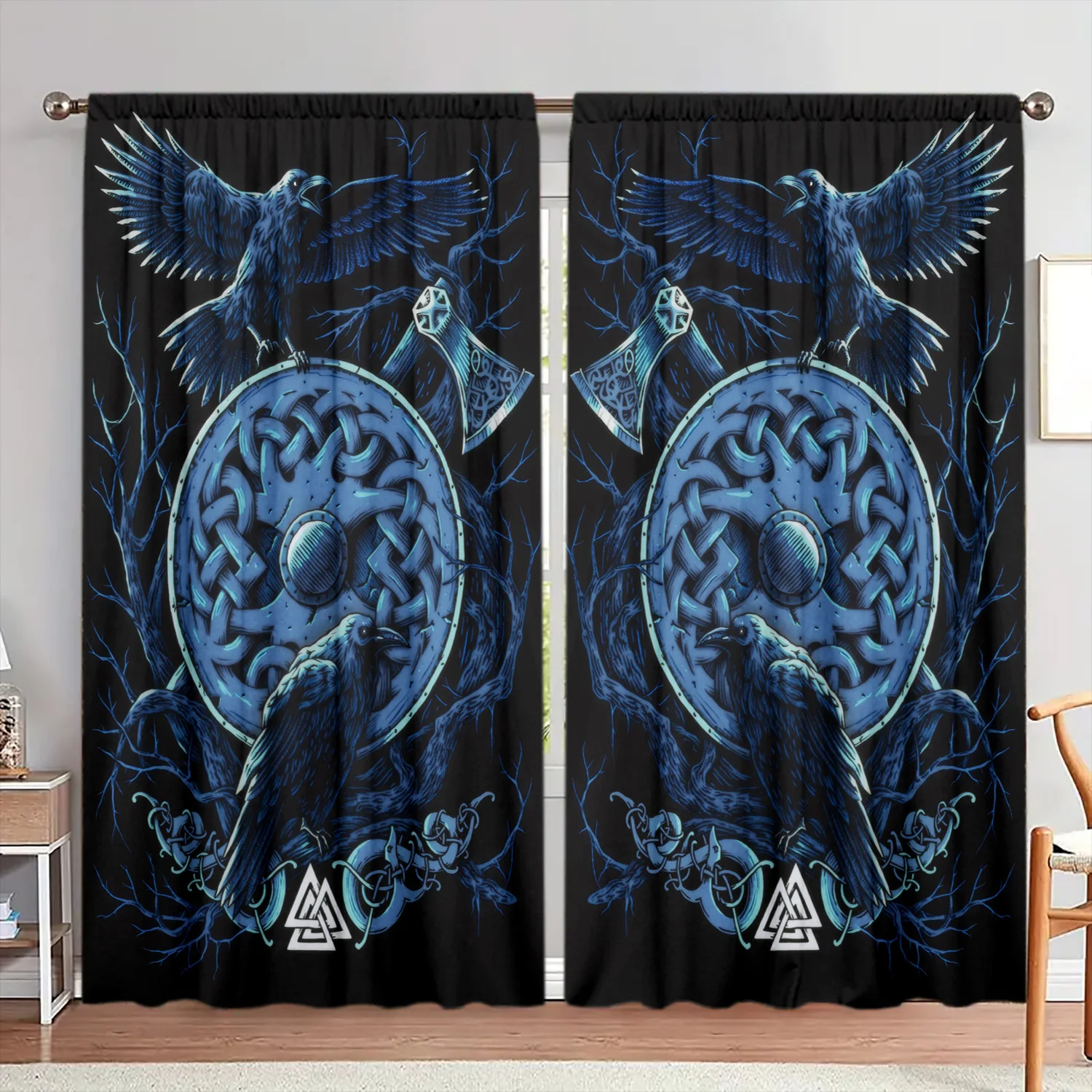 Viking Raven Shield Curtain, Norse Mythology Print Drape, Celtic Knot Warrior Decor, Dark Fantasy Home Textile, Gothic Window