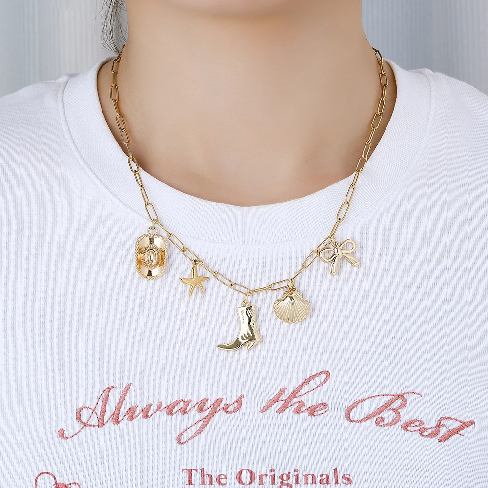 

Cowboy Charm Chain Necklace Starfish Shell Bow Pendant Summer Dopamine Sweatproof Collar Jewelry Gift for Women Girls