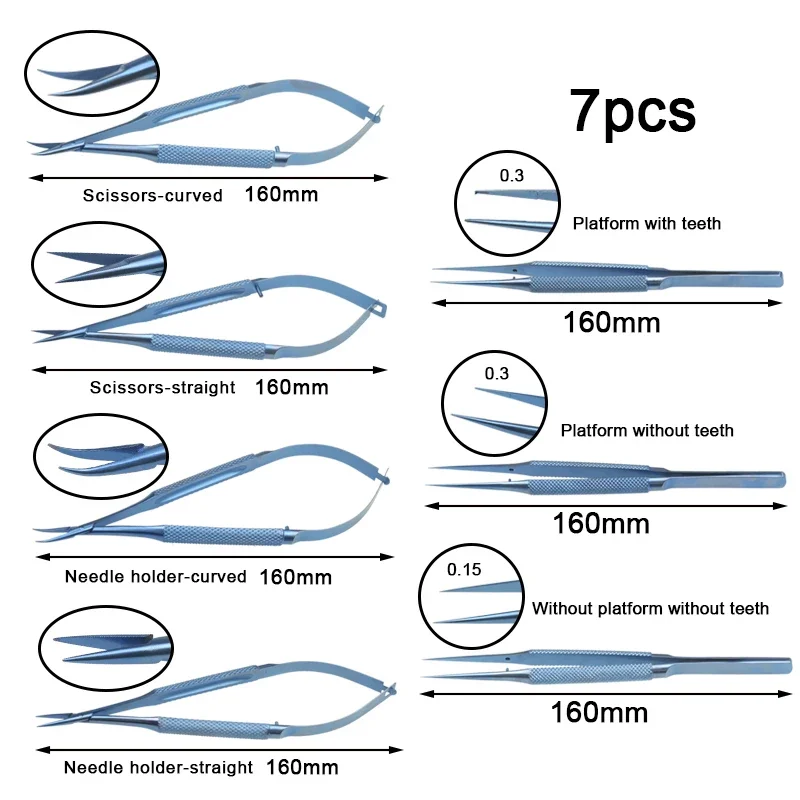 7pcs/set Needle Holding Forceps Ophthalmic Striaght Curved Scissors Ophthalmic Surgery Instrument Titanium Alloy