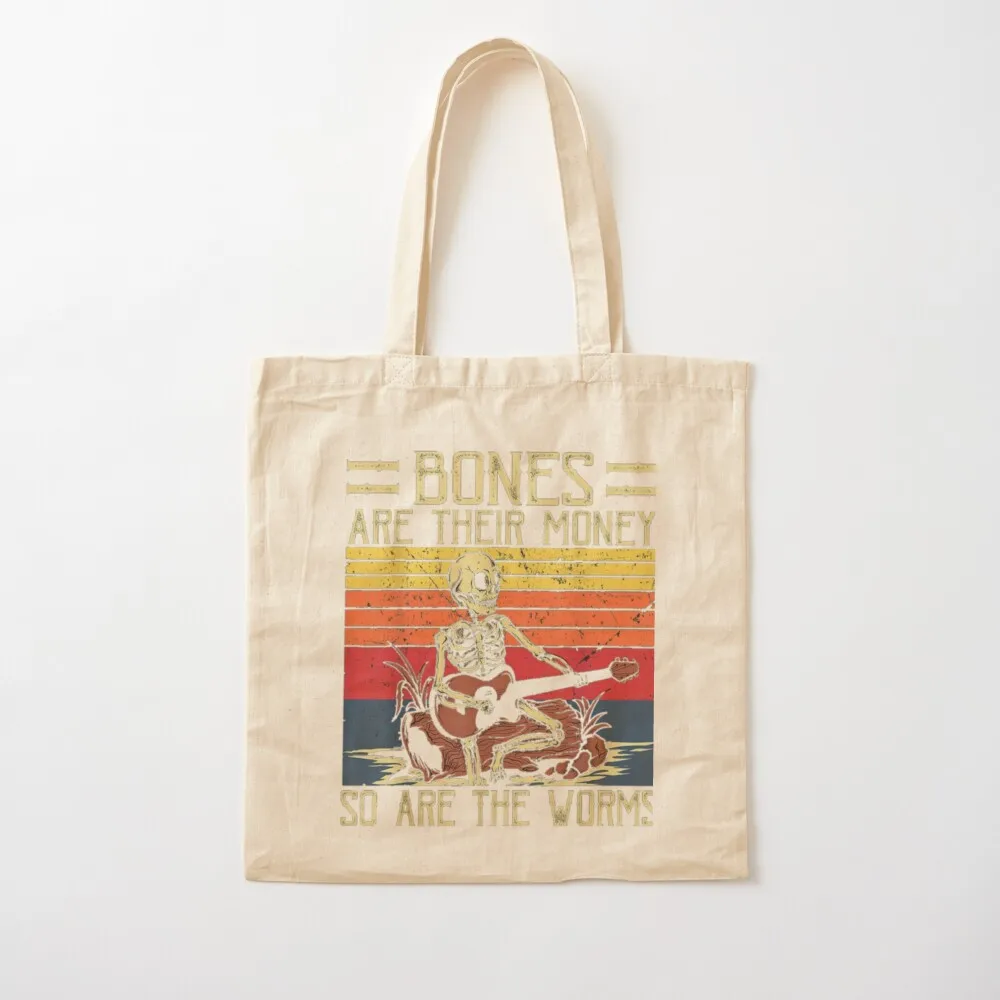 Bones Are Their Money Skeleton Playing Guitar Retro Vintage Tote Bag supermarket folding bag tote bags men