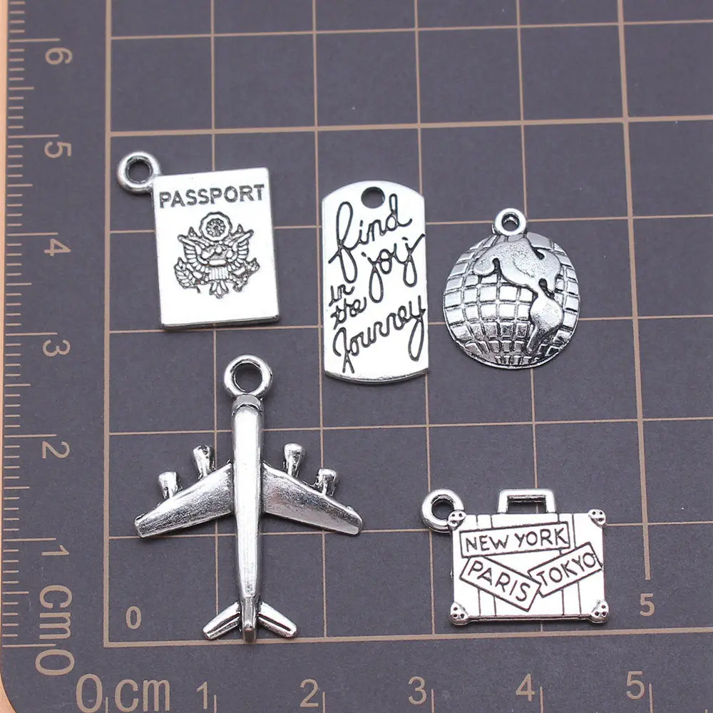 5pcs/lot Antique Silver Color Travel Journey Passport Airplane Suitcase Charms Collection For Jewelry Making Diy Accessories