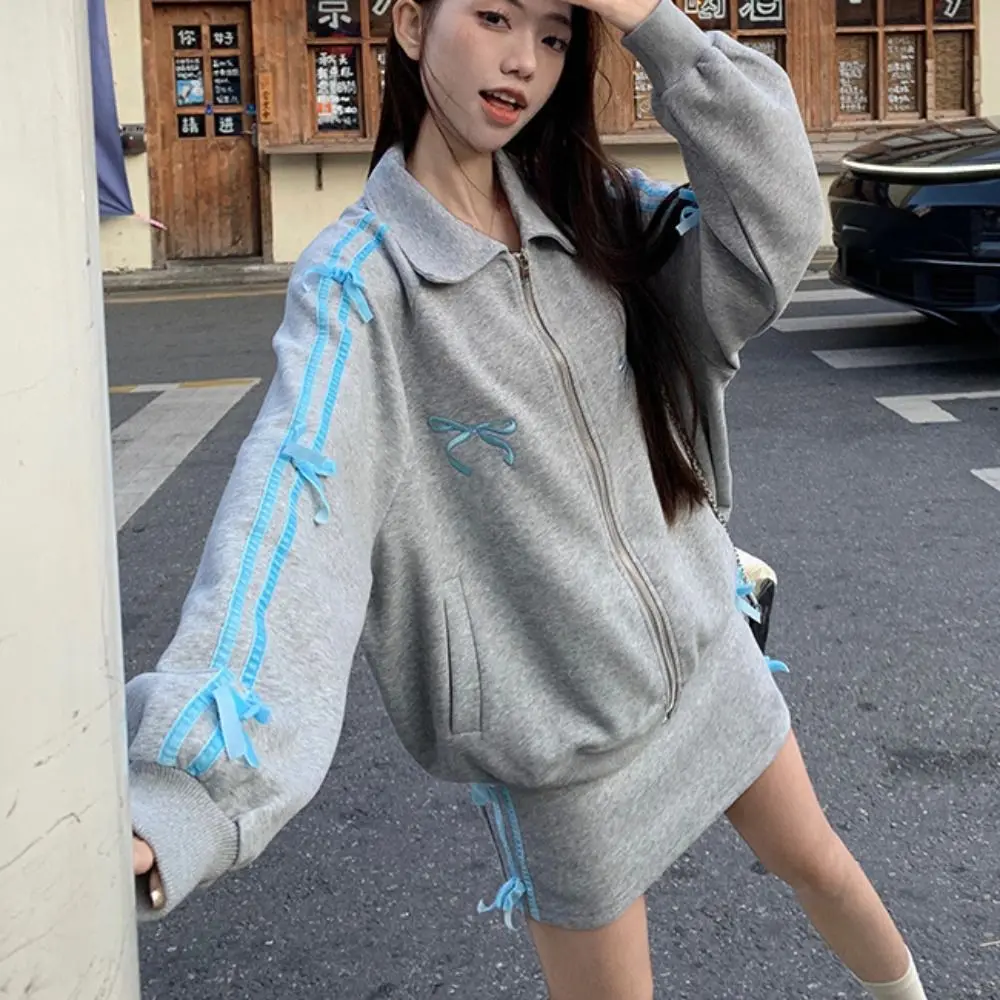 

Женская толстовка с капюшоном и отложным воротником в стиле Y2K, свободного кроя, с длинными рукавами, на молнии, в корейском стиле, для осени и весны