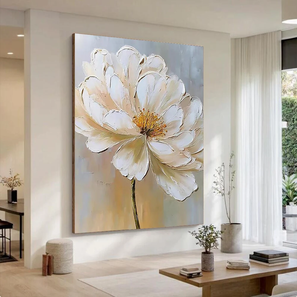 Hand Painted Abstract Oil Painting on Canvas White Flower Wall Art Picture Unique Mural for Home Decor Image Living Room Gift