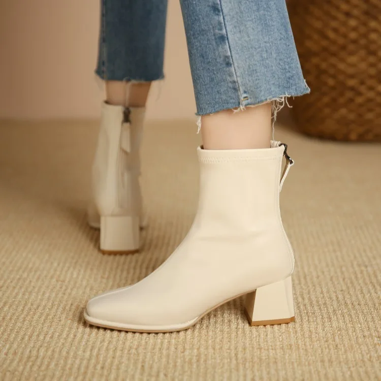 

New Autumn/winter Women Pumps Shoes British Style Zipper Short Sleeve Elast Coarse Heel Square Head Bare Boots Woman High Heels