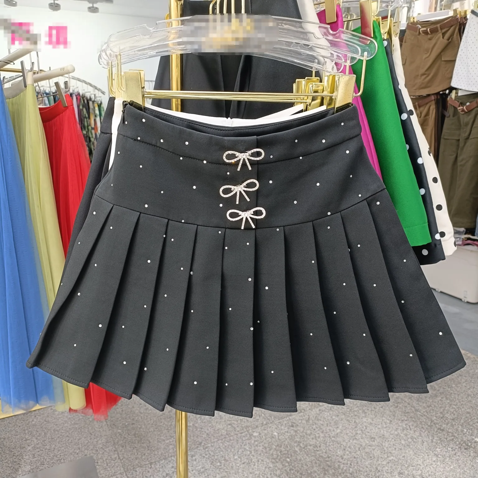 Fashion Hot Drilling Bow Pleated Skirt for Women 2024 Summer New Preppy Style High Waist Slimming A- Line Skirt Female Student