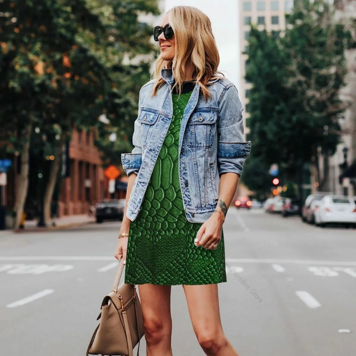 Abito da donna Scaglie di pelle di serpente verde Texture T-shirt casual estiva Abiti da spiaggia Coprispalle