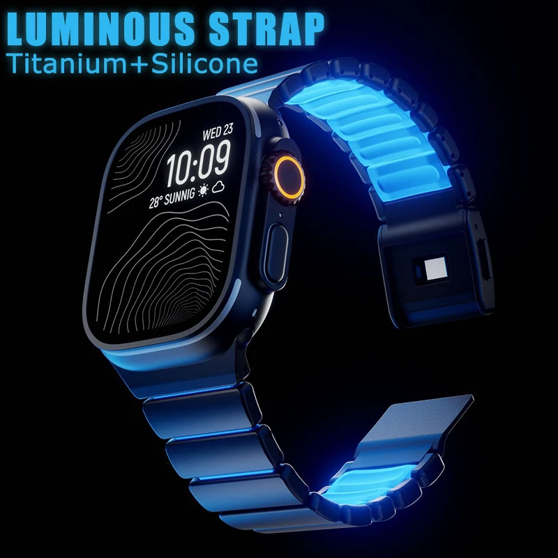 

Luminous Titanium Strap for Apple Watch Ultra 3 2 1 49mm 11 10 46mm Silicone Magnetic Band for Iwatch 9 8 7 45mm 6 SE 5 4 44mm